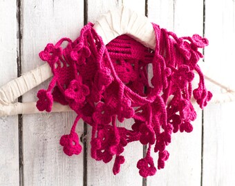 Fuchsia Floral Crochet Scarf, Egyptian Cotton, Natural Materials, Hippie Chic Accessories