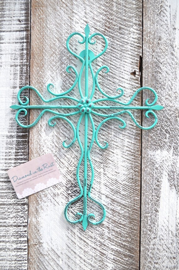 Metal Cross Wall Art / Aqua Turquoise Cross Home Decor