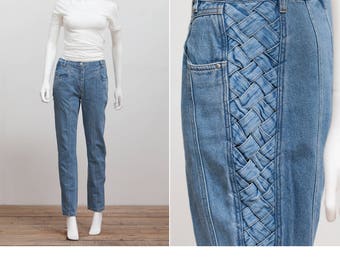 Vintage 80's High Waist Denim Jeans With Woven Detail • High Waisted 80's Jeans • Mom Jeans • High Waisted Peg Jeans