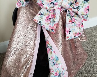Carseat Canopy Carseat Cover Elegant Rose Gold Sequin Floral Cover with Large bow nursing cover carseat canopy car seat cover
