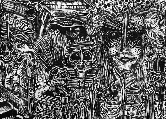 Detailed Trippy Black & White Drawing Psychedelic Dream World