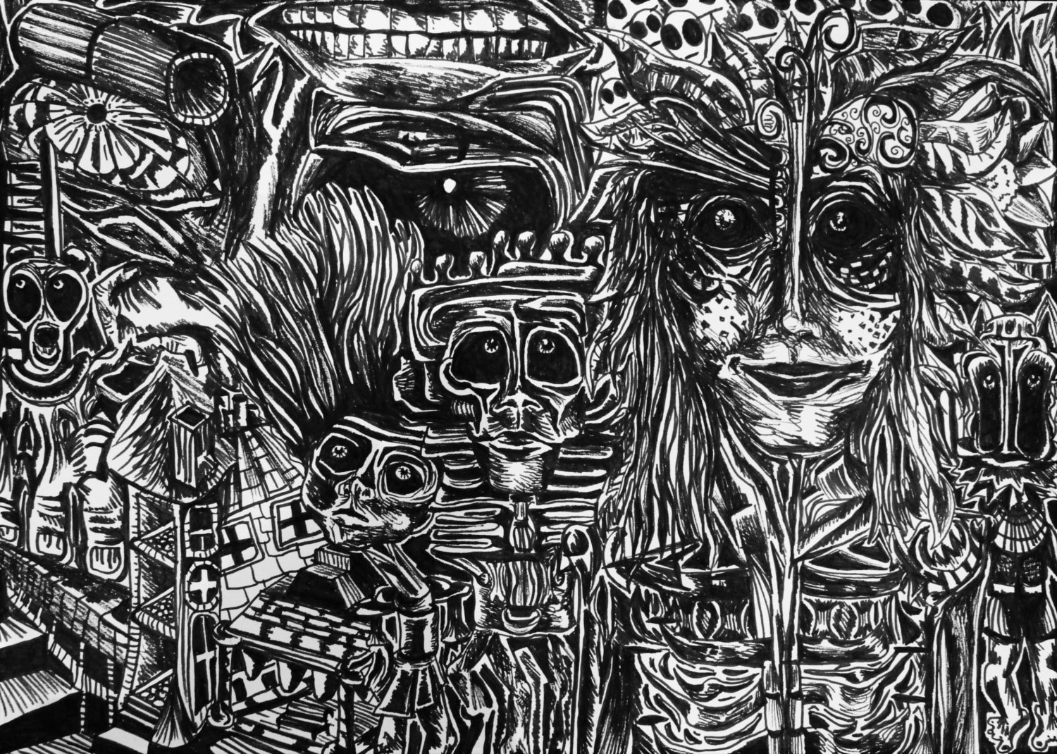 Detailed Trippy Black & White Drawing Psychedelic Dream World