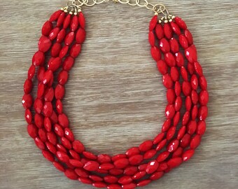 Red Bead Necklace - Chunky Beaded Statement Necklace MultiStrand Red