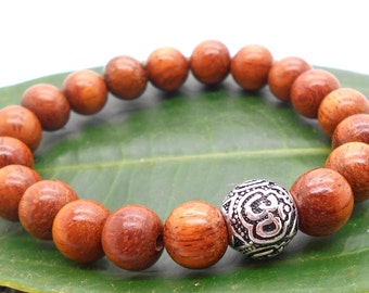 Bead Bracelet, Stretch Bracelet, Stacking Bracelet, Yoga Jewelry, Wood Stacking Bracelet with Tibetan Silver Ohm Bead