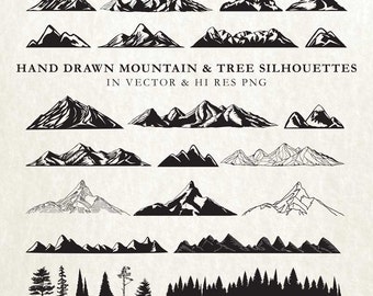 Hand Drawn Mountain Clipart - Mountain Silhouette & Nature Rustic Tree Clipart Clip art PNG Vector EPS, AI Design Element Instant Download