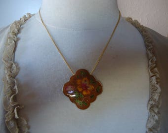 Vintage Gold Tone Cloisonne Pendant on 18" Gold Tone Chain, Earth Tone Colors