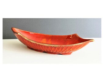Vintage California Originals Pottery Midcentury-Style Gold/Red/Orange 425 Elongated Console Bowl/Boat/Candy Dish