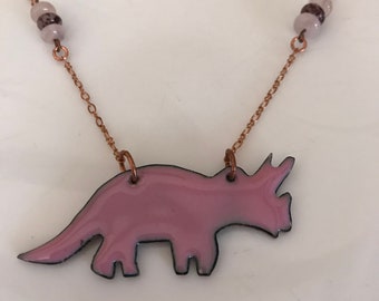 triceratops necklace, dinosaur necklace, Pink dinosaur necklace