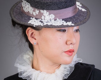 Winter Blossom Wool Boater Hat, Millinery, Vintage style
