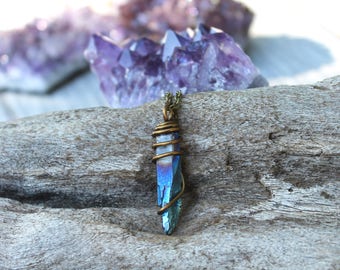 Raw Stone Jewelry - Titanium Aura Quartz Necklace - Blue Crystal Point Necklace - Boho Gypsy Jewelry - Bohemian Necklace Hippie Boho Jewelry