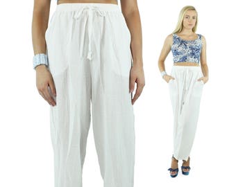 Vintage 80s White Cotton Gauze Pants High Waisted Trousers Elastic Waist Slacks 1980s Medium M Wide Leg