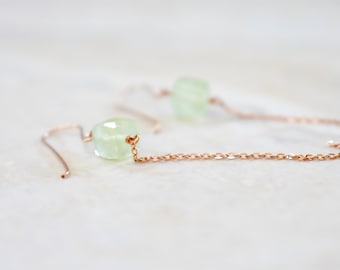 prehnite cube earrings. cubes and rose gold chain. prehnite dangle earrings. pale green earrings with rose gold chain. prehnite jewelry