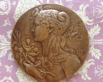 Vintage French Brass Stamping/Lg Vintage Goddess Fiore Stamping(1 Pc)Brass Stampings/Vintage Brass French Flower Goddess/French Findings/#50