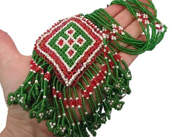 Afghan Necklace, Kuchi Beaded, Green Glass, Vintage Necklace, Boho Jewelry, Tribal Ethnic, Bohemian, Big Statement, Medallion, Woven, Gypsy