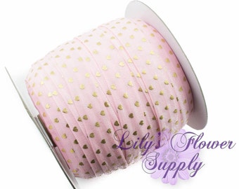 Fold Over Elastic, FOE, Foldover Elastic, Elastic By The Yard, FOE Elastic, 5/8 Elastic, Wholesale Elastic, Valentine Day, Pink Gold Heart