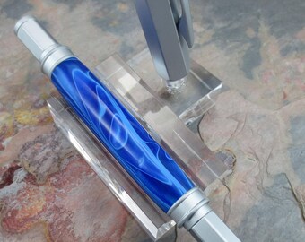 Fountain Pen Iridescent Blue with White Swirl Acrylic and Satin Nickel Hardware (#0561)
