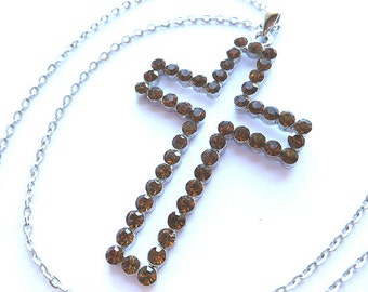 Faux CHOCOLATE DIAMONDS Cross, Vintage Amber Rhinestone Cross, Silver Rhinestone Cross Pendant, Brown Rhinestone Cross & Neck Chain