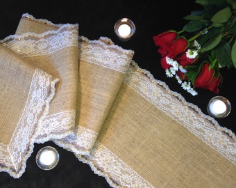 Burlap Lace Table Runner, WHITE/GOLD Lace - Rustic Wedding Table Runner - 12" Width; Lace on ALL Edges - Country Home Decor, Farmhouse Decor