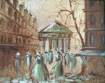Religious Oil Painting w/Sand Signed, Green Nuns Cathedral, c. 1960 Expressionist Artwork, Green Wood Frame, Canvas, Vintage Wall Decor