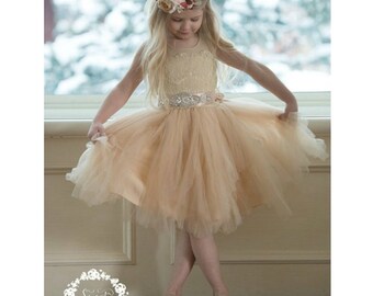 Champagne Lace Flower girl dress, White Tulle flower girl dresses,rustic flower girl dress,infant Toddler Girl dresses, flower girl dresses.