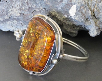 Amber cuff bracelet, sterling silver cuff, bangle bracelet, marked 925, vintage, large, 40.3 grams