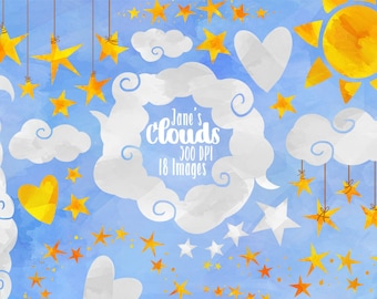 Watercolor Stars and Clouds Clipart - Star Borders Download - Instant Download - Watercolor Clouds and Hanging Stars