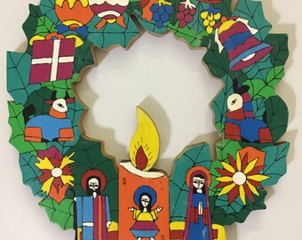 Vintage Handmade Hand Painted Wood Folk Art Christmas Nativity Wall Art
