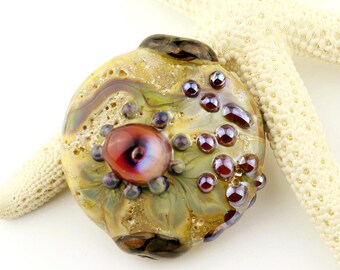 Lampwork Glass Lentil Bead Focal Blue, Green, Purple, Iridescent Hot Pink
