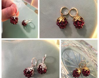 RASPBERRY GARNET Earrings, Pair of reproduction 19th century Victorian Garnet Raspberry cluster gold or silver earrings, summer wedding