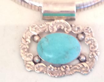 Authentic Vintage Natural TURQUOISE STERLING SILVER 925 Stunning Engraved Pendant And Liquid Silver Necklace, This is a Statement Piece.