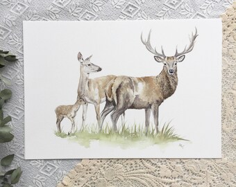 A3 Deer Family watercolour print