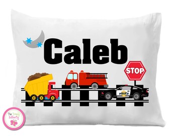 Transportation Pillow Case , Fire Truck, Police Car , Dump Truck Pillow Case