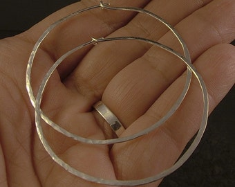 Large Hoop Earrings - Hammered Sterling Silver Hoops - Everyday Favorites - 2 Inch - Classic Beauty