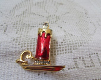 vintage 60's rhinestone Christmas candle brooch pin with enamel