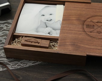 4×6″ Walnut Wood Photo Print Proof Box- Custom Engraving Included, USB Optional