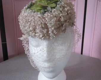 1960s Small Floral Pillbox Hat with Veil