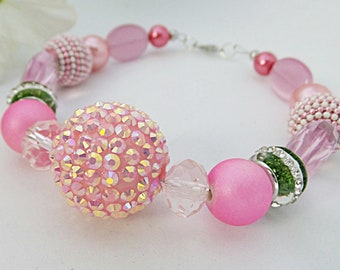 Alpha Kappa Alpha Sorority Inspired Beaded Bracelet, Pink and Green Bracelet, Rhinestone Beads, Sorority Jewelry, AKA Bracelet, Divine 9