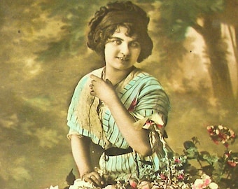 1900s French postcard Edwardian lady with basket of flowers, RPPC real photo, paper ephemera.