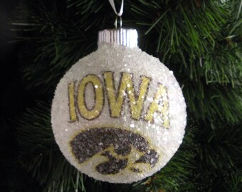 University of Iowa glass glitter ornament