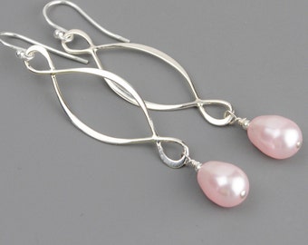 Pink Pearl Earrings - Swarovski Earrings - Sterling Silver Infinity Earrings - Bridesmaid Earrings - Wedding Jewelry - Pearl Drop Earrings