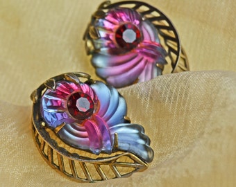 EdLee Molded Glass Vintage Earrings with Red Rhinestone Ed Lee