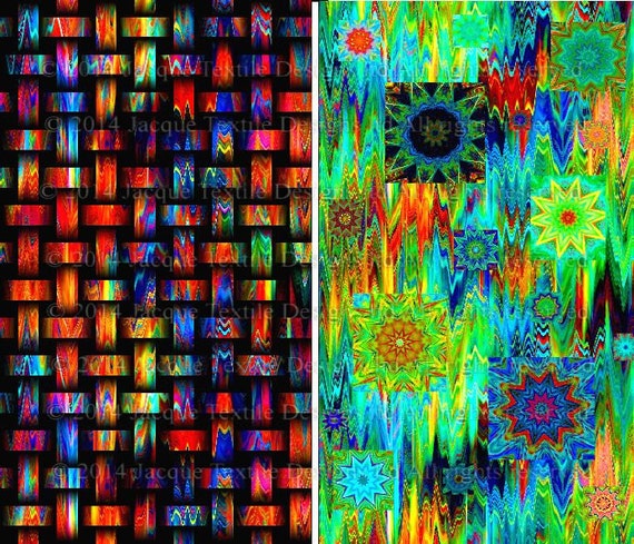 Artisan Made Textile Art Quilting Fabric 2 Large Panels Weave Celestial Kaleidoscope