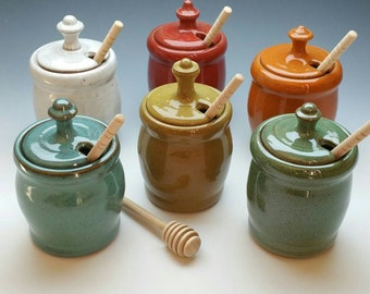 NEW Honey Pot, (FREE POTTERY Gift with order!) Several available colors, Handmade Ceramic Honey Jar and Dipper