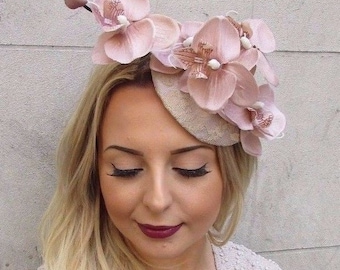 Nude Beige Cream Orchid Flower Fascinator Hat Wedding Hair Clip Races Vtg 2973