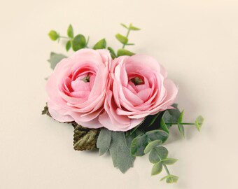 PINK or WHITE ranunculus hair clip, Flower hair clip, Bridal flower clip, Eucalyptus and ranunculus, Bridal floral clip, Wedding flower hair