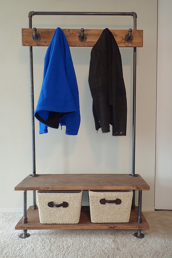 Industrial Pipe Entry Bench with Built-In Coat Rack