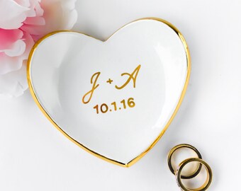 Monogrammed Ring Dish with Gold Rim - Heart Ring Dish, Ring Holder, Bridesmaid Gift, Wedding Favor, Sweet 16, Mother's Day