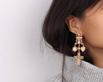 Gold Chandelier Byzantine Cross Earrings - Long Dangle Earrings - Cross Earrings - Religious Jewelry