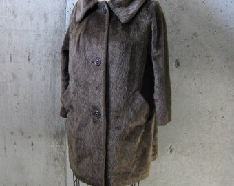 Faux Fur Light Brown Swing Coat SZ 7-9 Vntage 1950s Original Buttons Front Welted Pockets Canadian Made