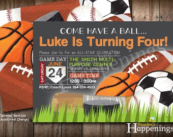 Sports Birthday Invitation Sports Invitation Ball Birthday Invite Sports Party Soccer Birthday Baseball Digital File Busy bee's Happenings